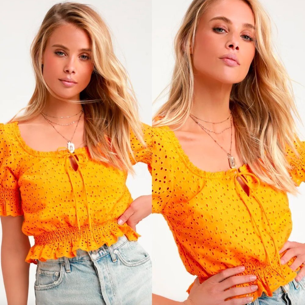 Lulus Sweet Sunshine Orange Eyelet Lace Crop Top Woven Cotton Smock Tie Cute
